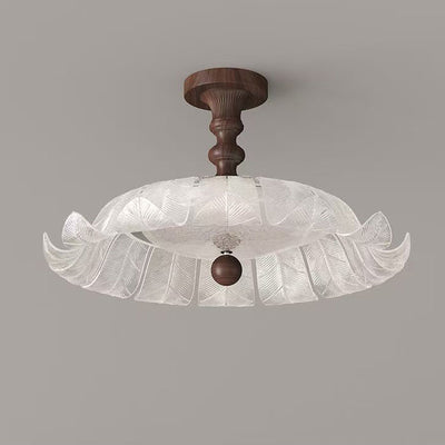 Traditional French Round Petal Iron Glass Acrylic LED Semi-Flush Mount Ceiling Light For Bedroom