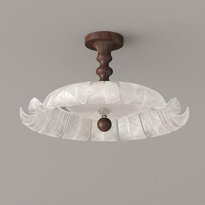 Traditional French Round Petal Iron Glass Acrylic LED Semi-Flush Mount Ceiling Light For Bedroom