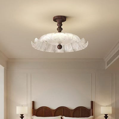 Traditional French Round Petal Iron Glass Acrylic LED Semi-Flush Mount Ceiling Light For Bedroom