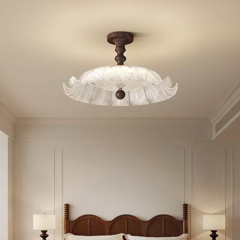 Traditional French Round Petal Iron Glass Acrylic LED Semi-Flush Mount Ceiling Light For Bedroom