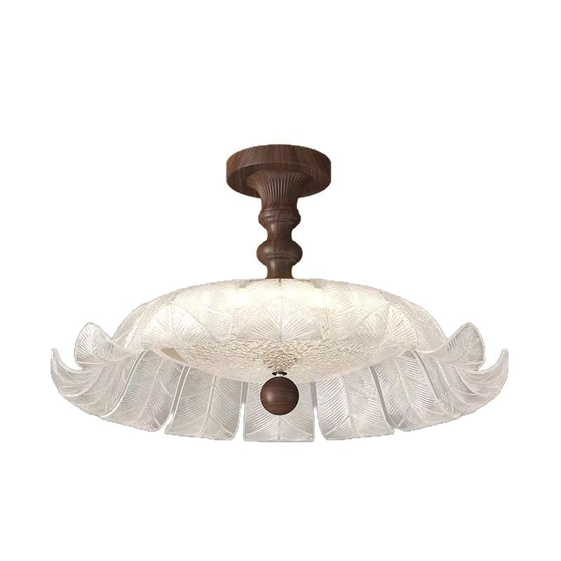 Traditional French Round Petal Iron Glass Acrylic LED Semi-Flush Mount Ceiling Light For Bedroom
