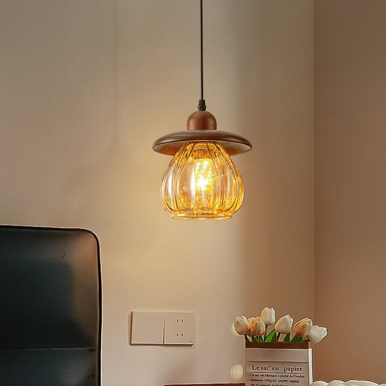 Contemporain Rétro Conique Citrouille Bois Verre 1 - Suspension Luminaire Pour Chambre 