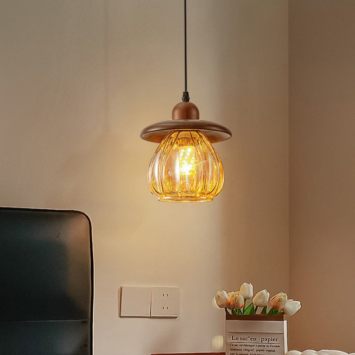 Contemporain Rétro Conique Citrouille Bois Verre 1 - Suspension Luminaire Pour Chambre 