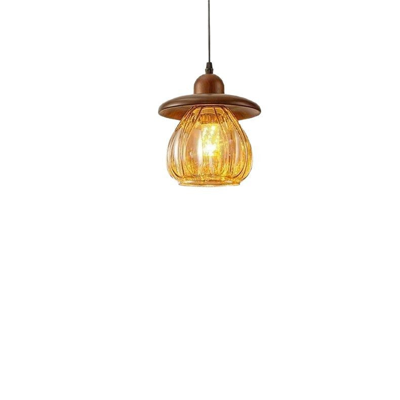 Contemporain Rétro Conique Citrouille Bois Verre 1 - Suspension Luminaire Pour Chambre 