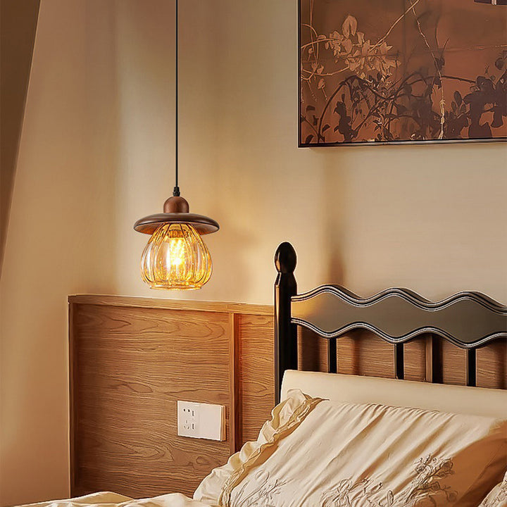 Contemporain Rétro Conique Citrouille Bois Verre 1 - Suspension Luminaire Pour Chambre 