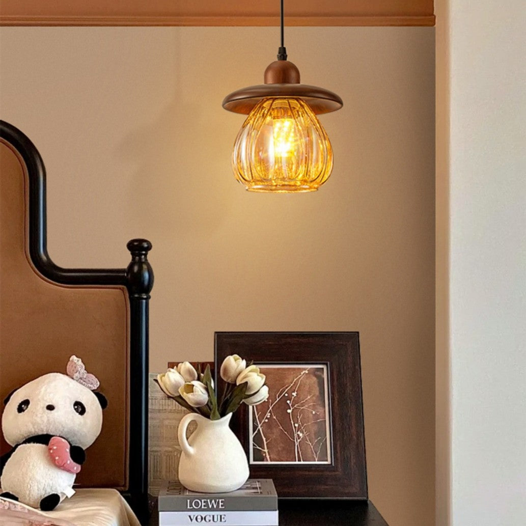 Contemporain Rétro Conique Citrouille Bois Verre 1 - Suspension Luminaire Pour Chambre 