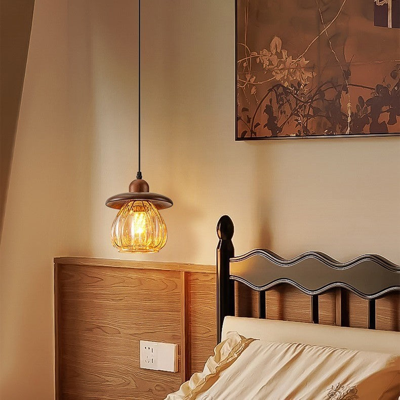 Contemporain Rétro Conique Citrouille Bois Verre 1 - Suspension Luminaire Pour Chambre 