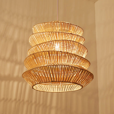 Forma de linterna de arrugas japonesas tradicionales de ratán tejido 1 - Lámpara colgante de luz para comedor 