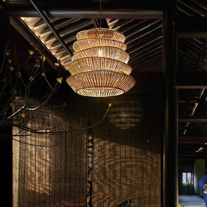 Forma de linterna de arrugas japonesas tradicionales de ratán tejido 1 - Lámpara colgante de luz para comedor 