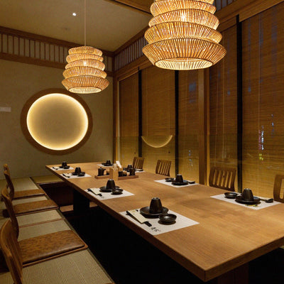 Forma de linterna de arrugas japonesas tradicionales de ratán tejido 1 - Lámpara colgante de luz para comedor 