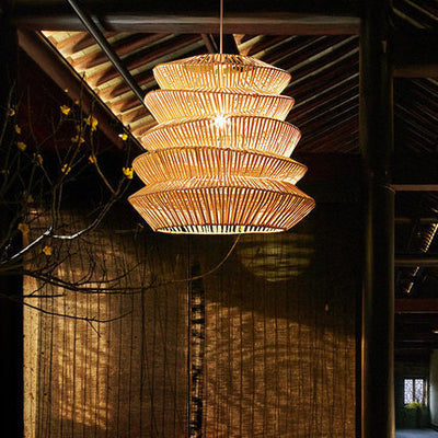 Forma de linterna de arrugas japonesas tradicionales de ratán tejido 1 - Lámpara colgante de luz para comedor 