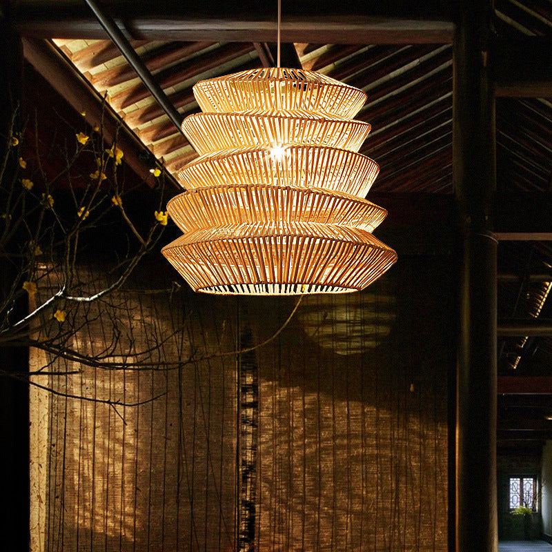 Forma de linterna de arrugas japonesas tradicionales de ratán tejido 1 - Lámpara colgante de luz para comedor 