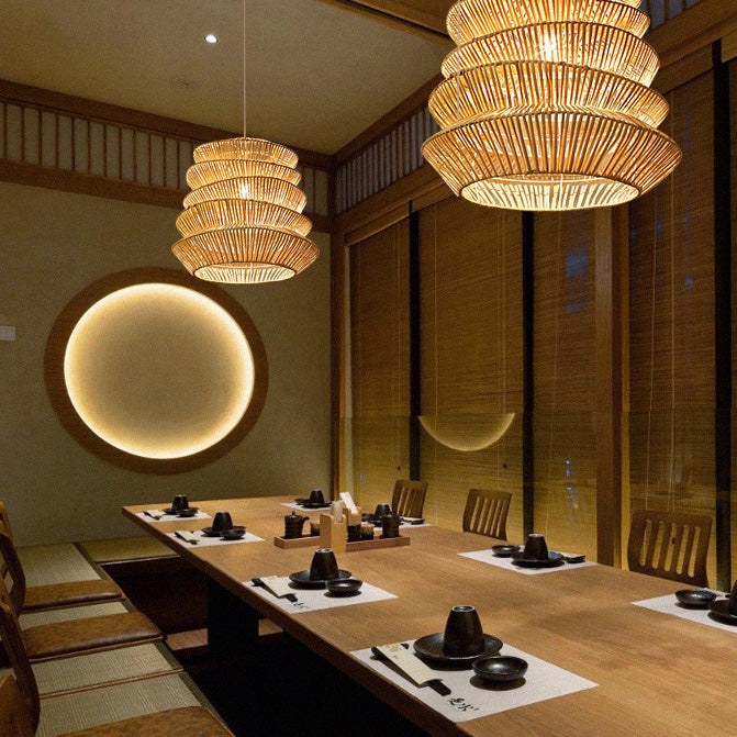 Forma de linterna de arrugas japonesas tradicionales de ratán tejido 1 - Lámpara colgante de luz para comedor 