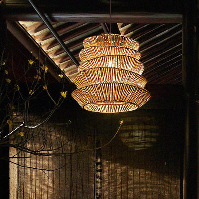 Forma de linterna de arrugas japonesas tradicionales de ratán tejido 1 - Lámpara colgante de luz para comedor 