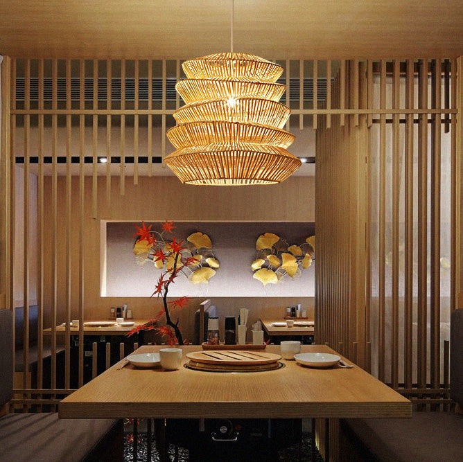 Forma de linterna de arrugas japonesas tradicionales de ratán tejido 1 - Lámpara colgante de luz para comedor 