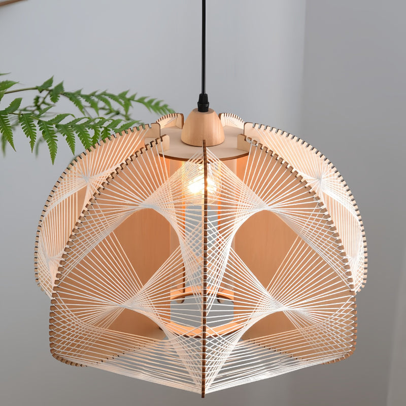 Lámpara de araña de 1 luz de cuerda de cáñamo de madera en forma de semicírculo tradicional japonesa para comedor 