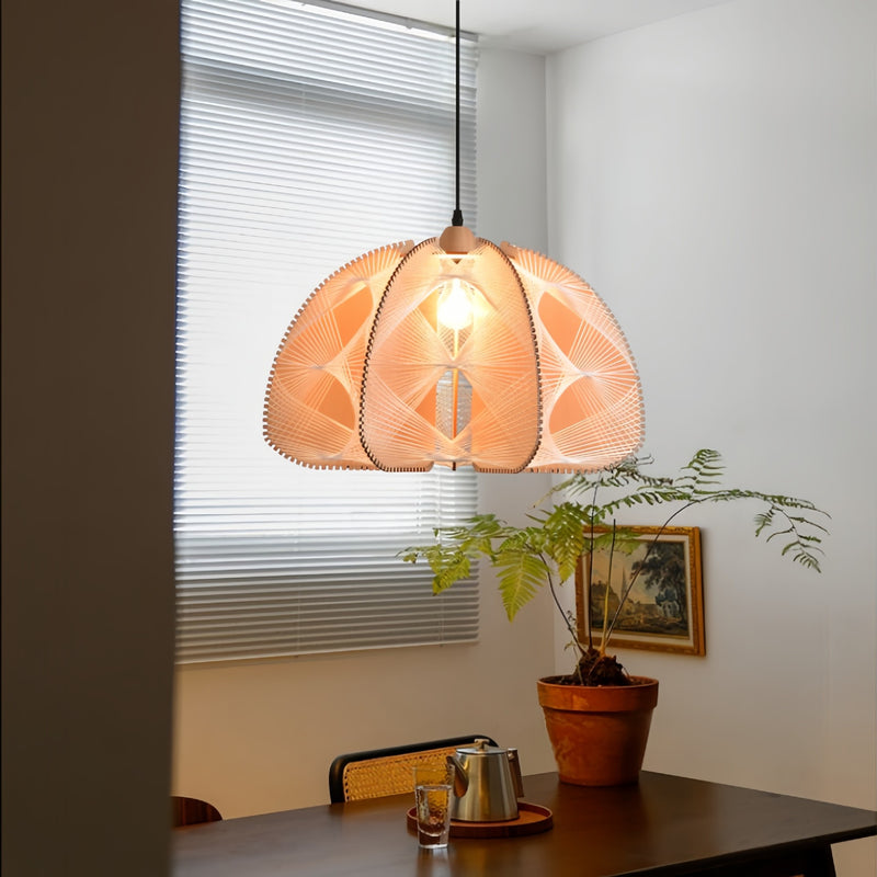 Lámpara de araña de 1 luz de cuerda de cáñamo de madera en forma de semicírculo tradicional japonesa para comedor 