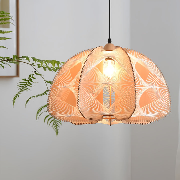 Traditional Japanese Dome Semicircle Hemp Rope Wood 1 - Light Chandelier For Dining Room