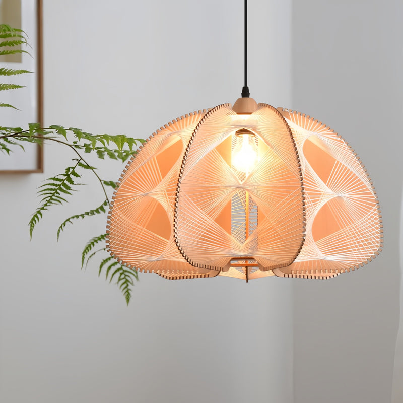 Lámpara de araña de 1 luz de cuerda de cáñamo de madera en forma de semicírculo tradicional japonesa para comedor 