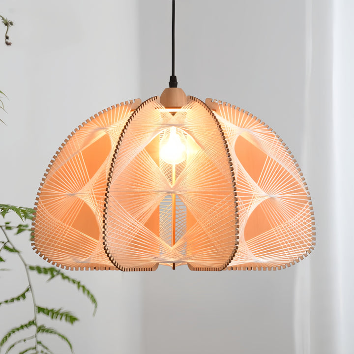 Traditional Japanese Dome Semicircle Hemp Rope Wood 1 - Light Chandelier For Dining Room
