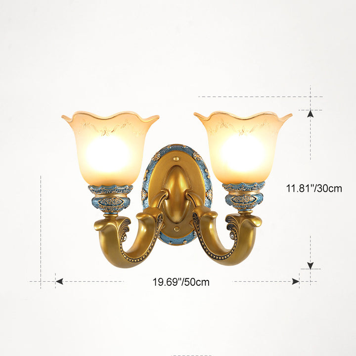 Traditional European Morning Glory Iron Resin Glass 1/2 - Light Wall Sconce Lamp For Hallways