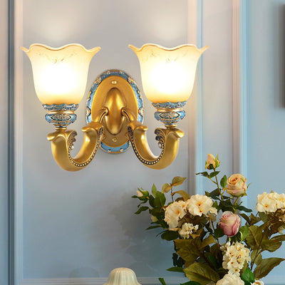 Lámpara de Aplique de Pared de Resina de Hierro con Vidrio de Gloria de la Mañana Europea Tradicional 1/2 - Luz para Pasillos 