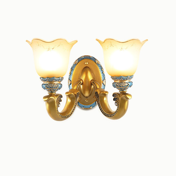 Traditional European Morning Glory Iron Resin Glass 1/2 - Light Wall Sconce Lamp For Hallways