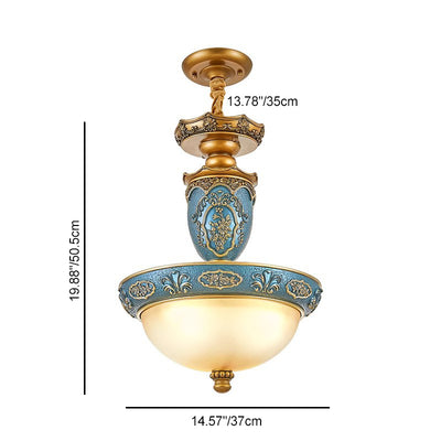 Lámpara colgante de 3 luces con cúpula europea tradicional de hierro tallado y vidrio de resina para comedor 