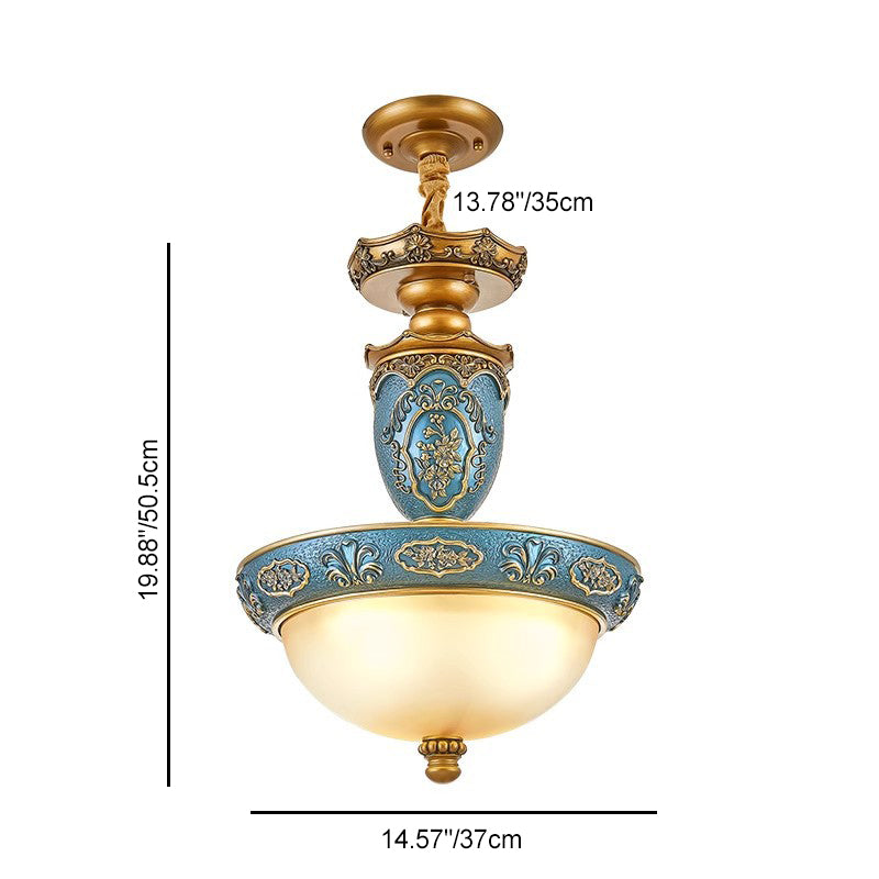 Lámpara colgante de 3 luces con cúpula europea tradicional de hierro tallado y vidrio de resina para comedor 