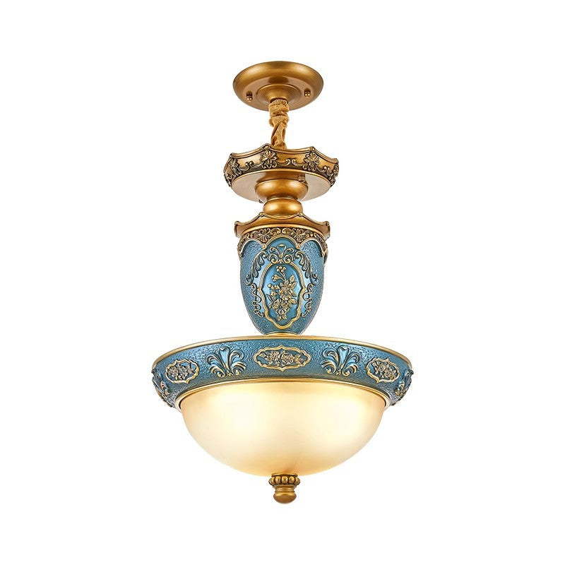 Lámpara colgante de 3 luces con cúpula europea tradicional de hierro tallado y vidrio de resina para comedor 
