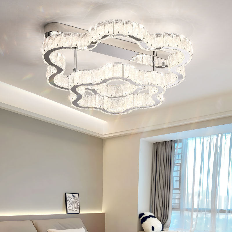 Zeitgenössisches skandinavisches Doppelwolken Edelstahl Kristall LED Deckenleuchte für Schlafzimmer 