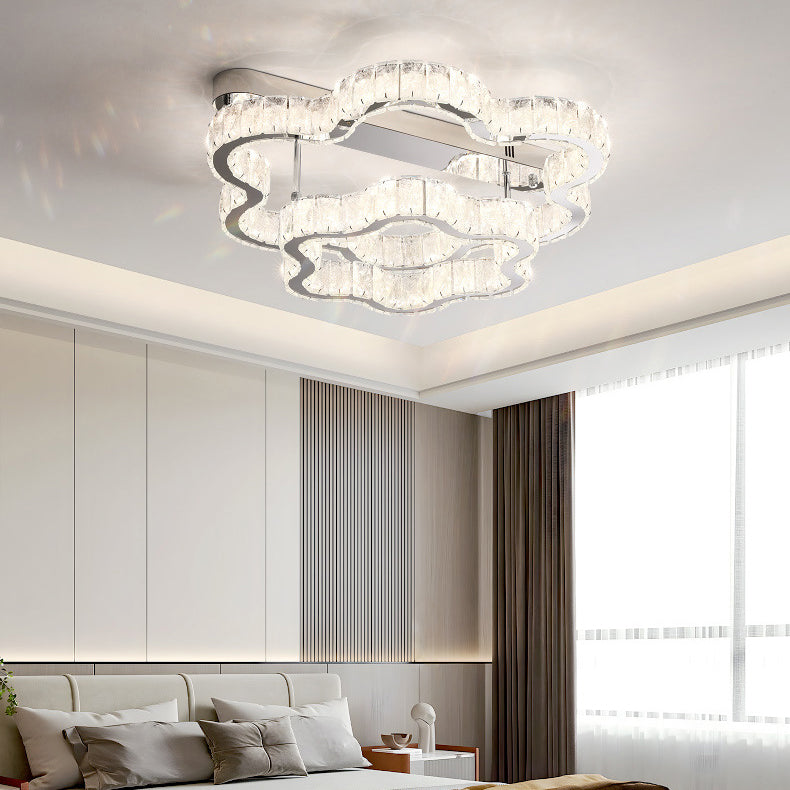 Zeitgenössisches skandinavisches Doppelwolken Edelstahl Kristall LED Deckenleuchte für Schlafzimmer 