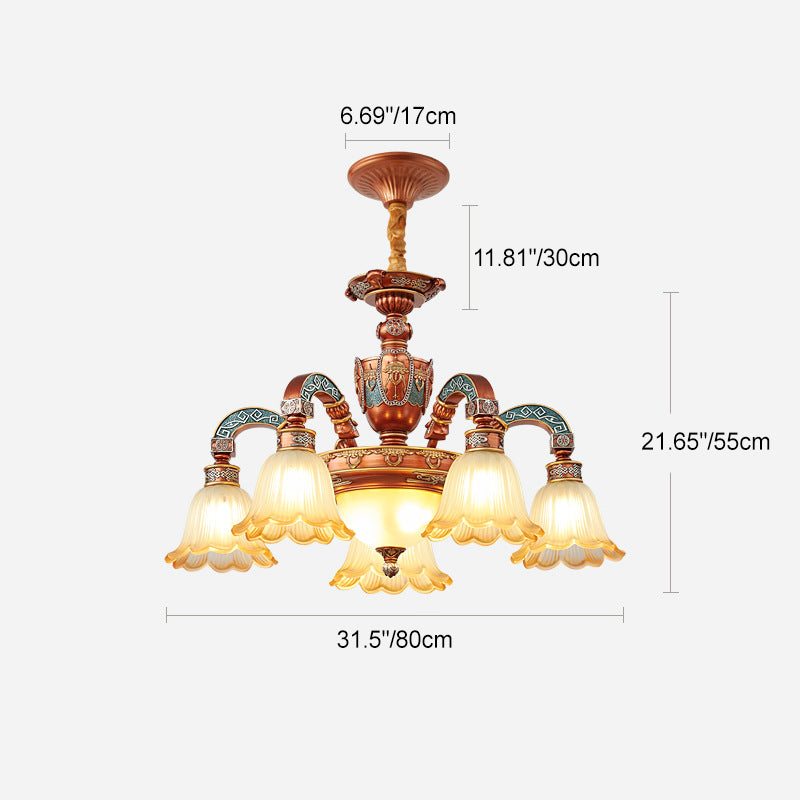 Lámpara de Araña Tradicional Europea de Cúpula de Flores de Hierro y Resina con Vidrio de 3/5/6/8 Luces para Comedor 