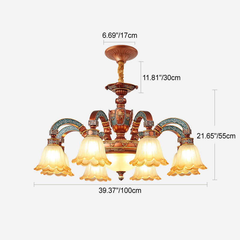 Lámpara de Araña Tradicional Europea de Cúpula de Flores de Hierro y Resina con Vidrio de 3/5/6/8 Luces para Comedor 