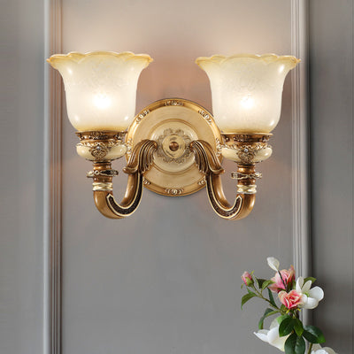 Lámpara de Aplique de Pared de Hierro y Resina con Vidrio de 1/2 Luz de Gloria Matutina Europea Tradicional para Pasillos 