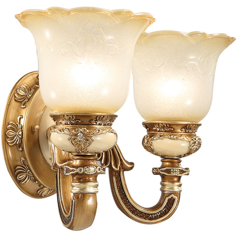 Lámpara de Aplique de Pared de Hierro y Resina con Vidrio de 1/2 Luz de Gloria Matutina Europea Tradicional para Pasillos 