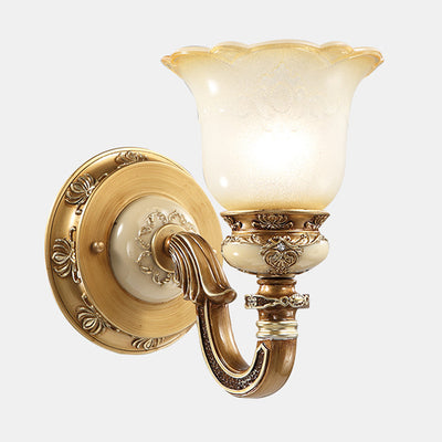 Lámpara de Aplique de Pared de Hierro y Resina con Vidrio de 1/2 Luz de Gloria Matutina Europea Tradicional para Pasillos 
