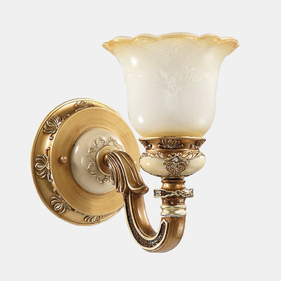 Lámpara de Aplique de Pared de Hierro y Resina con Vidrio de 1/2 Luz de Gloria Matutina Europea Tradicional para Pasillos 