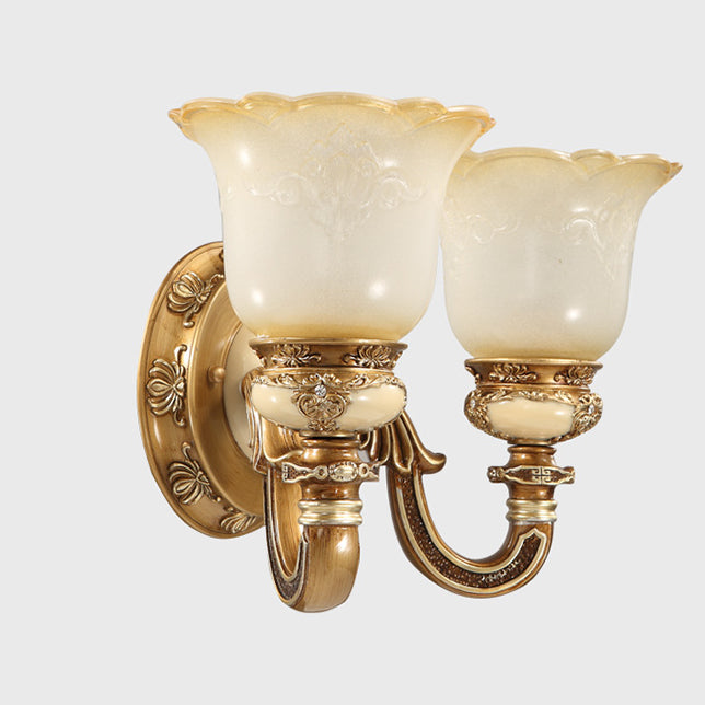 Lámpara de Aplique de Pared de Hierro y Resina con Vidrio de 1/2 Luz de Gloria Matutina Europea Tradicional para Pasillos 