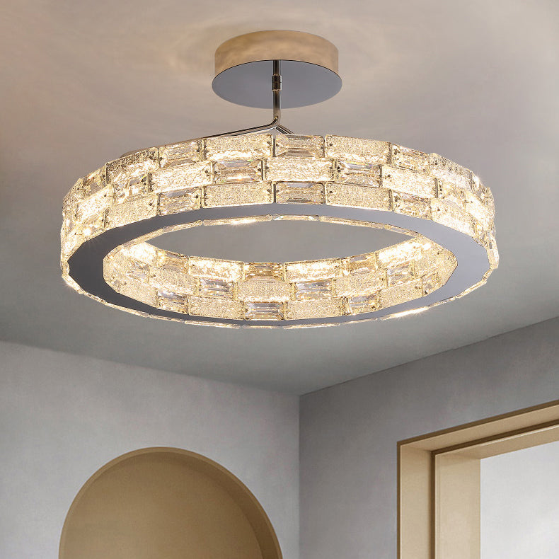 Modern Luxury Round Stitching Blocks Stainless Steel Crystal LED Chandelier For Bedroom