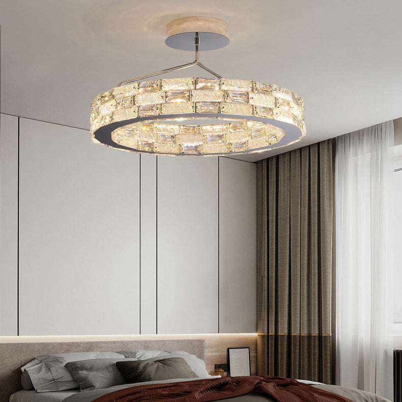 Modern Luxury Round Stitching Blocks Stainless Steel Crystal LED Chandelier For Bedroom