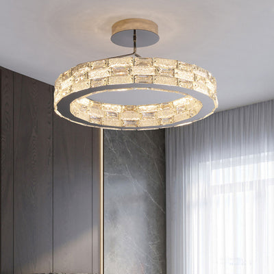 Modern Luxury Round Stitching Blocks Stainless Steel Crystal LED Chandelier For Bedroom