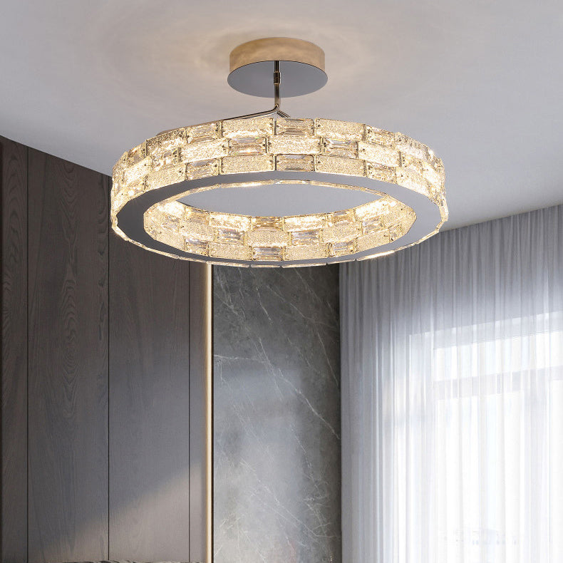 Modern Luxury Round Stitching Blocks Stainless Steel Crystal LED Chandelier For Bedroom