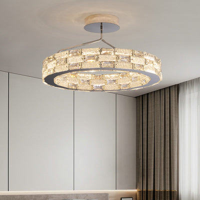 Modern Luxury Round Stitching Blocks Stainless Steel Crystal LED Chandelier For Bedroom
