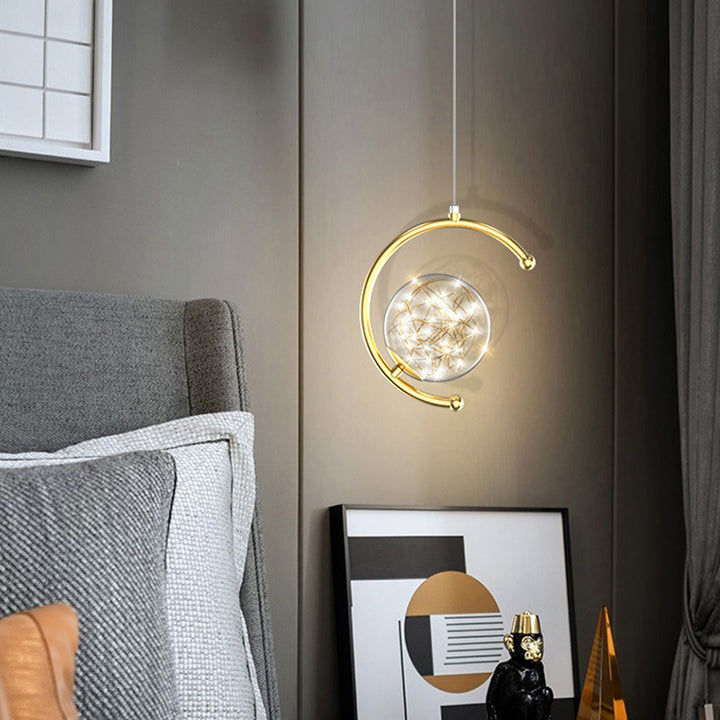 Zeitgenössisches nordisches Halbkreis-Orb-Sternenhimmel-Glas-Aluminium-Eisen-LED-Pendelleuchte für das Schlafzimmer 