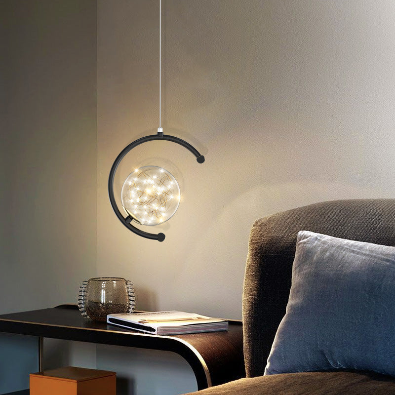 Zeitgenössisches nordisches Halbkreis-Orb-Sternenhimmel-Glas-Aluminium-Eisen-LED-Pendelleuchte für das Schlafzimmer 