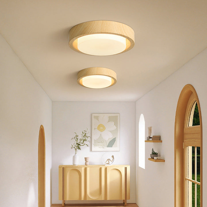 Plafonnier LED contemporain en bois rond nordique avec verre et fer pour couloirs 