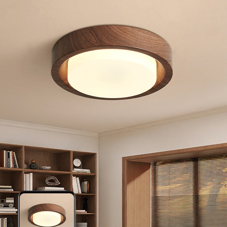 Contemporary Nordic Round Wood Iron Glass LED Flush Mount Ceiling Light For Hallways