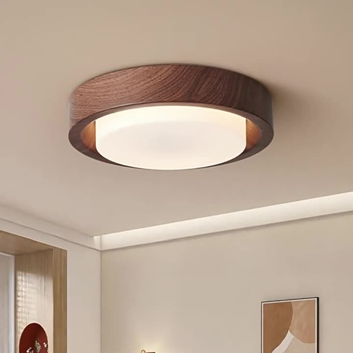 Plafonnier LED contemporain en bois rond nordique avec verre et fer pour couloirs 