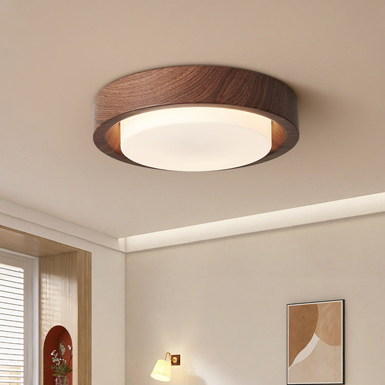 Plafonnier LED contemporain en bois rond nordique avec verre et fer pour couloirs 